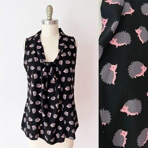 Modcloth Black Hedgehog Blouse, Tie Neck Draped Blouse, Office,‎ Quirky Career